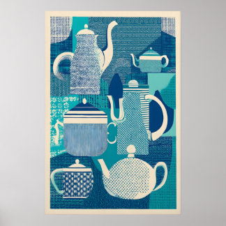 Póster Tetera Azul Giclée Imprimir Moderno de Mitad de Si