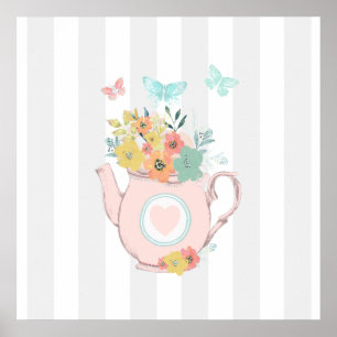 Póster Tetera rosa con flores y mariposas banda gris