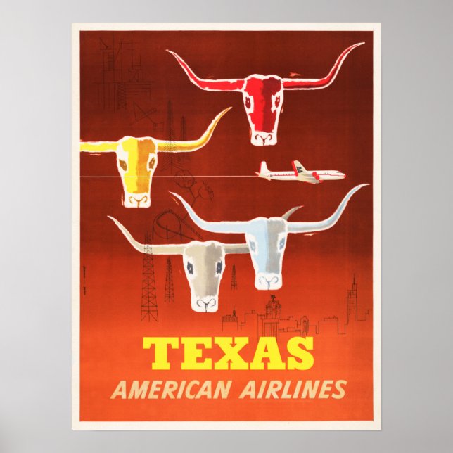 Póster TEXAS AMERICA Austin Longhorns Vintage Airlines (Frente)