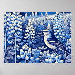 Póster Texas Bluebonnets y Mockingbird del Norte Texan