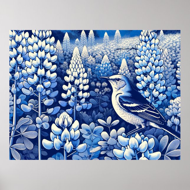 Póster Texas Bluebonnets y Mockingbird del Norte Texan (Frente)