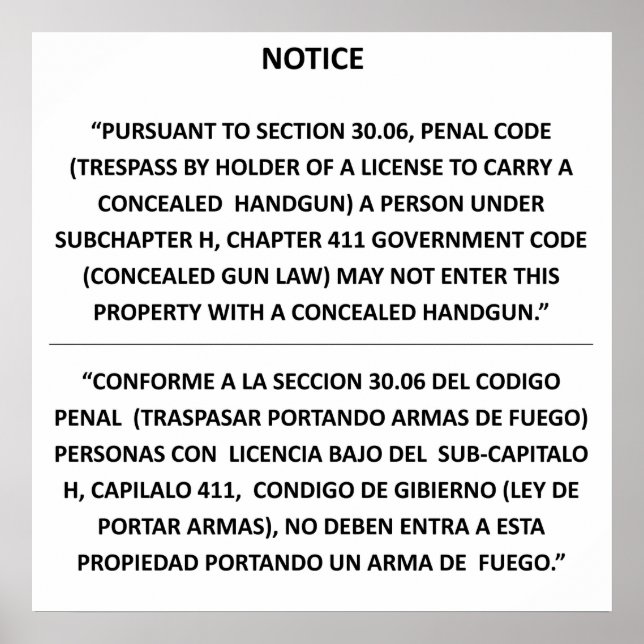 Póster Texas Gun Law - Basic White - Concealed Carry (Frente)