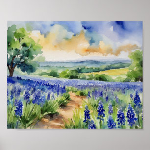 Póster Texas Hill Country Blue Bonnet Watercolor