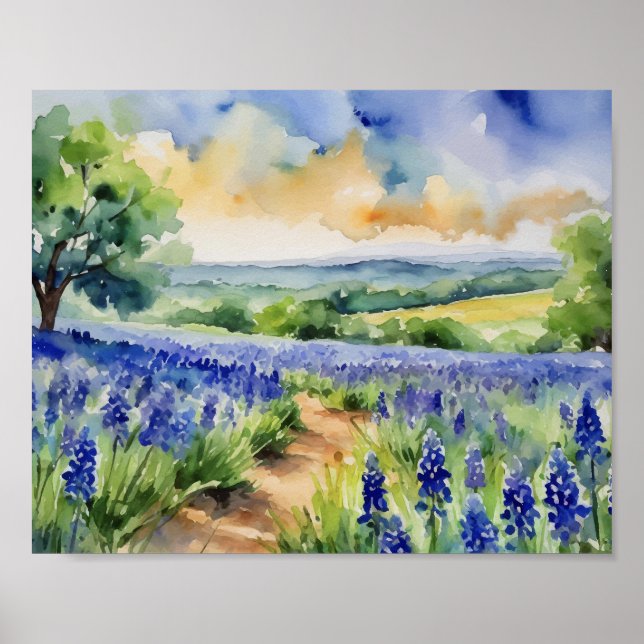 Póster Texas Hill Country Blue Bonnet Watercolor (Frente)