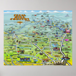 Póster Texas Hill Country Cartoon Map