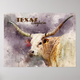 Póster Texas Longhorn Watercolor Photo Resumen moderno