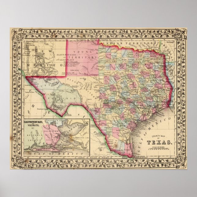 Póster Texas Map by Mitchell (Frente)