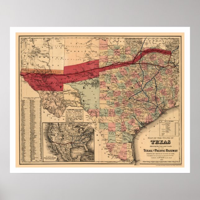 Póster Texas & Pacific Railroad Map 1873 (Frente)