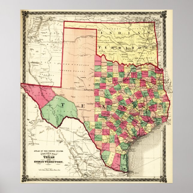 Póster Texas y Territorio IndioMapa Panorámico (Frente)