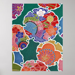 Póster Textil japonés de KIMONO, patrón florete