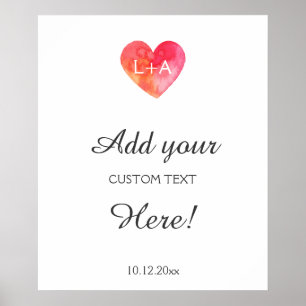 Póster texto personalizado de señas bodas, corazón acuare