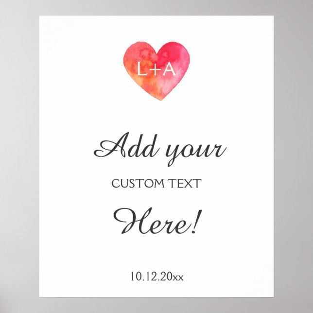 Póster texto personalizado de señas bodas, corazón acuare (Frente)