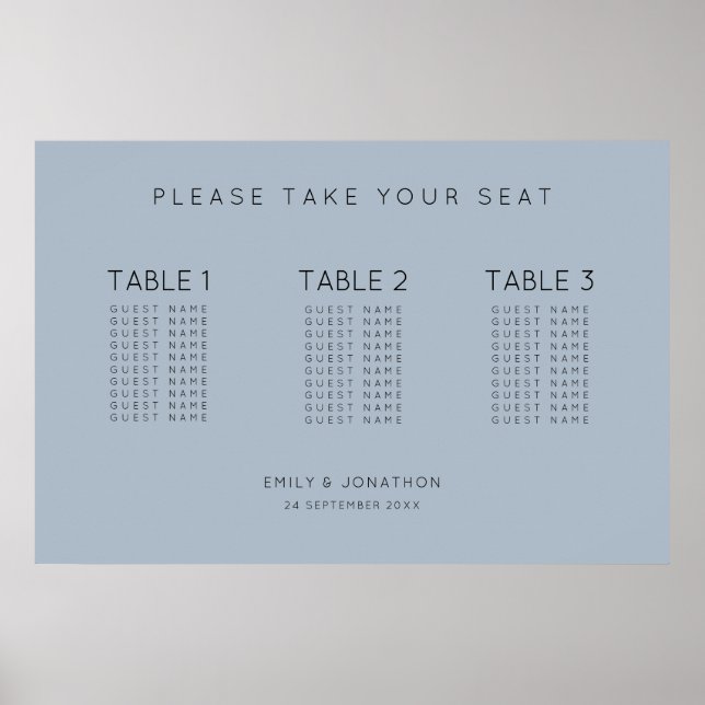 Póster Texto simple 30 personas 3 mesas Cuadro de asiento (Frente)