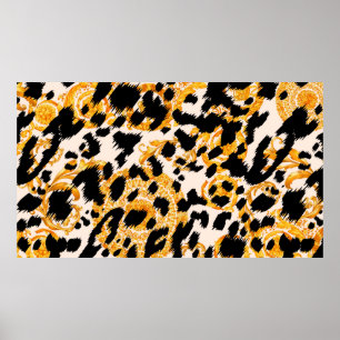 Póster Textura leopardo con estampado barroco dorado