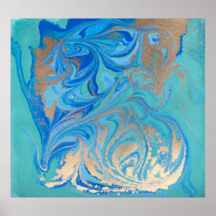 Póster Textura líquida azul y dorada
