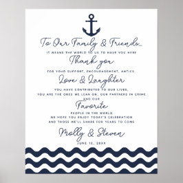 Póster thank you nautical navy blue wedding sign