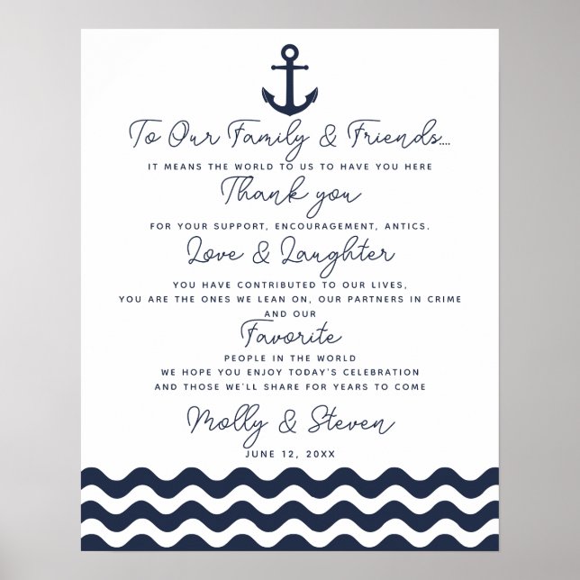 Póster thank you nautical navy blue wedding  sign (Frente)