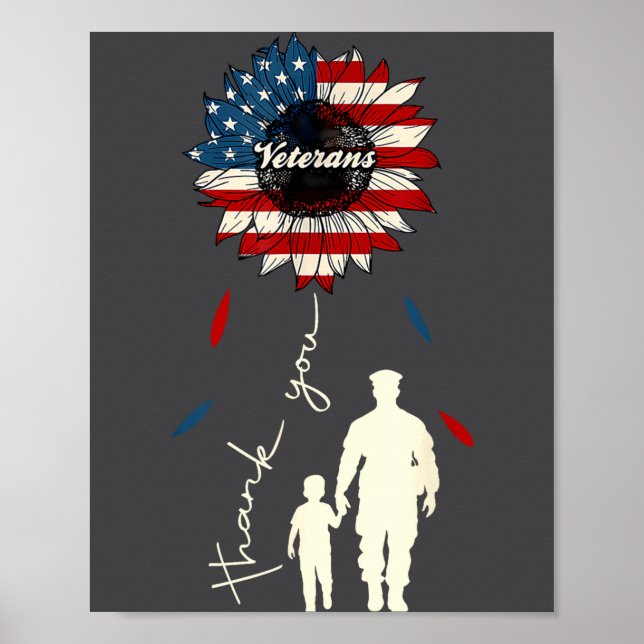 Póster Thank You Veterans Sunflower Usa Flag Military Pat (Frente)