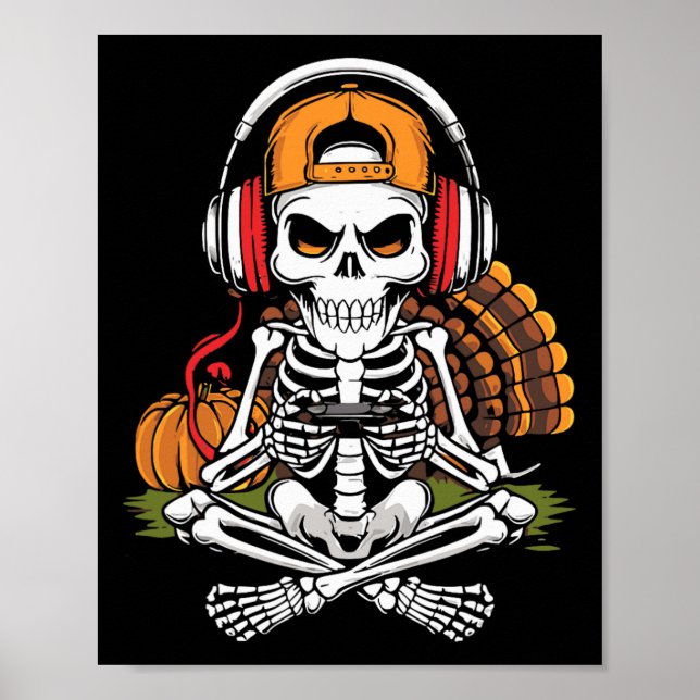 Póster Thankending Skeleton Gamer Video Juegos de Niños H (Frente)