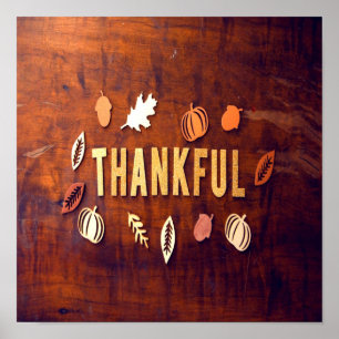 Póster Thankful Thanksgiving Fall Leaves Pumpkin
