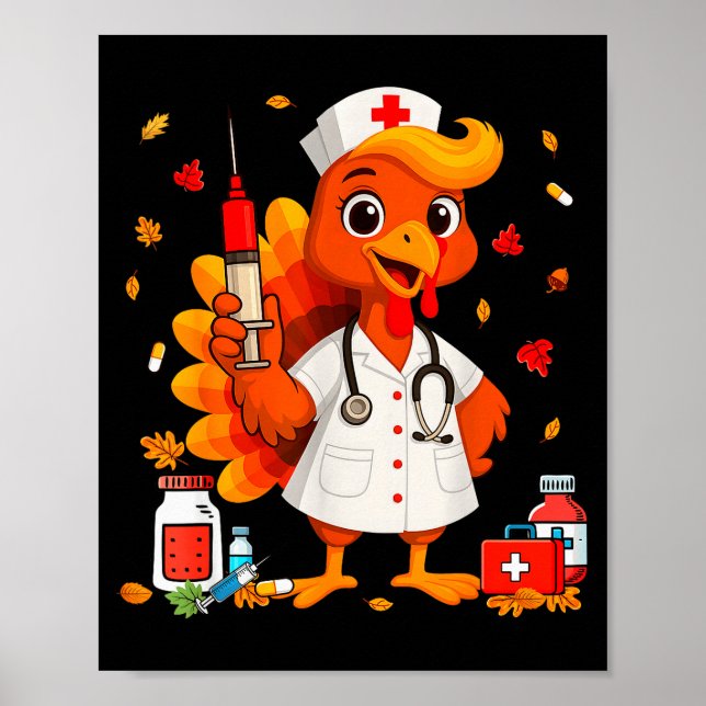 Póster Thankful Turkey Funny Scrub Nurse Fall Thanksgivin (Frente)