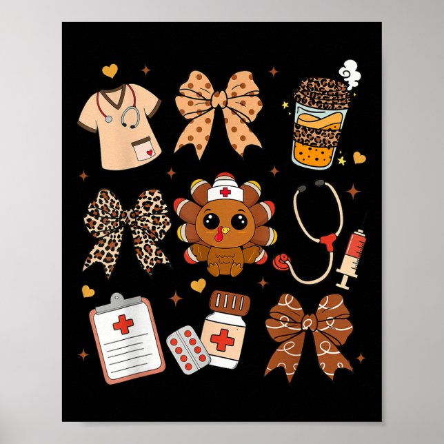 Póster Thankful Turkey Nurse Fall Stethoscope Coquette Th (Frente)