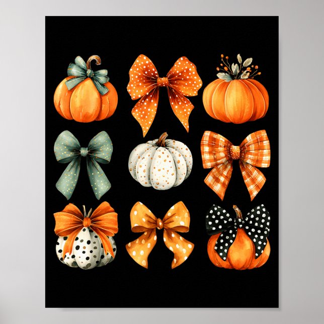 Póster Thanksgiving Autumn Fall Leaves Coquette Bow Pumpk (Frente)