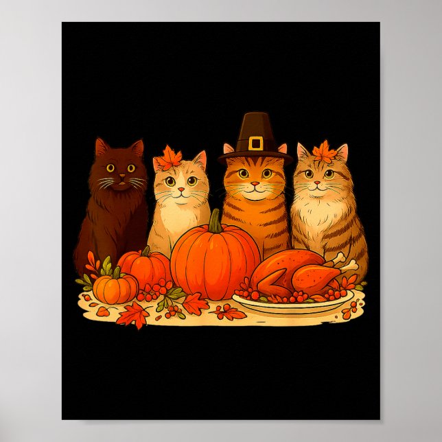 Póster Thanksgiving Cats Dinner Pumpkin Autumn Men Women  (Frente)
