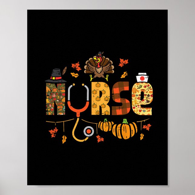 Póster Thanksgiving Nurse Stethoscope Fall Scrub Top Er M (Frente)