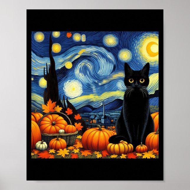 Póster Thanksgiving Van Gogh Starry Night Black Cat Pumpk (Frente)