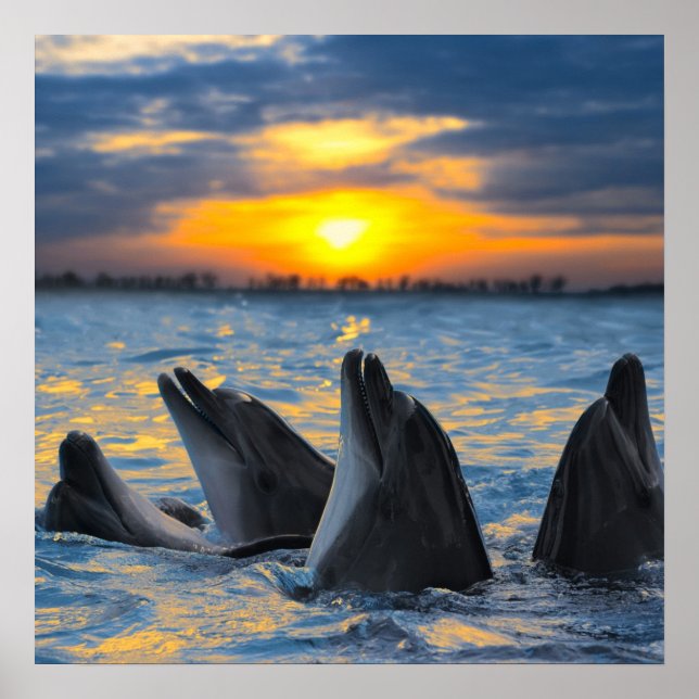Póster The bottle-nosed dolphins in sunset light (Frente)