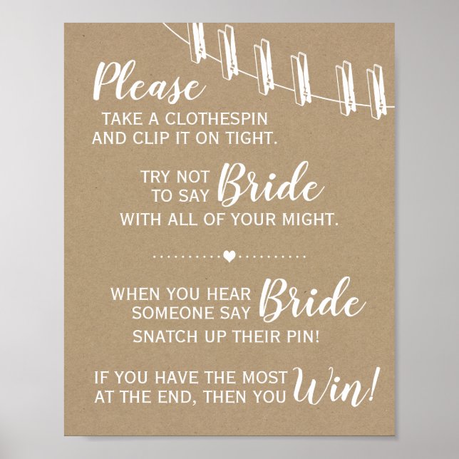 Póster The clothespin game bridal shower rustic sign (Frente)