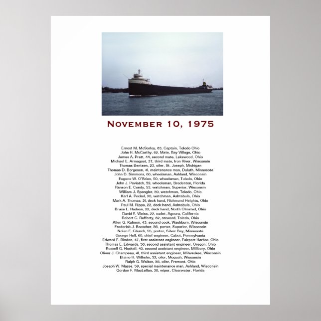 Póster The Edmund Fitzgerald con nombres de la tripulació (Frente)