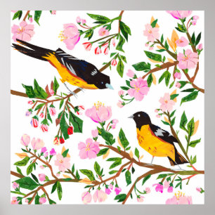 Póster The pattern is with birds and flowers. It is creat