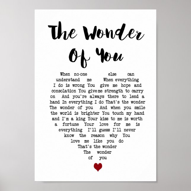 Póster The Wonder Of You Heart Song Lyric Wall Art Print (Frente)