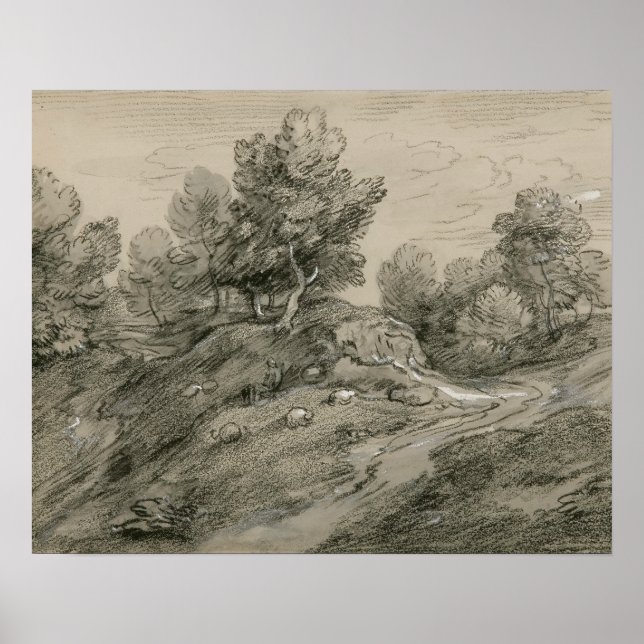 Póster Thomas Gainsborough - Paisaje de montaña de madera (Frente)