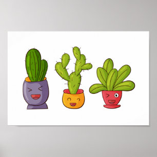 Póster Three Cute Cactus in Flower Pots Fun Illustration