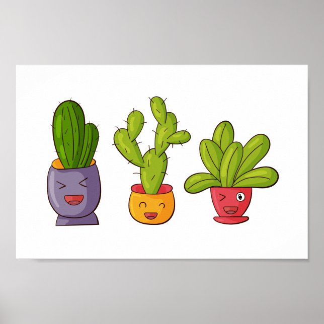 Póster Three Cute Cactus in Flower Pots Fun Illustration (Frente)