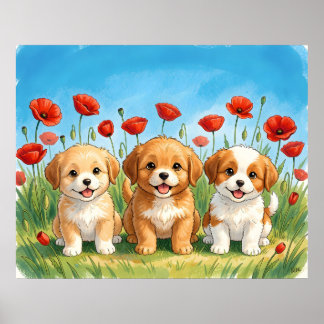 Póster Three Cute Puppies & Red Poppies Watercolour