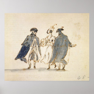 Póster Three Masked Figures in Carnival Costume (pen & in