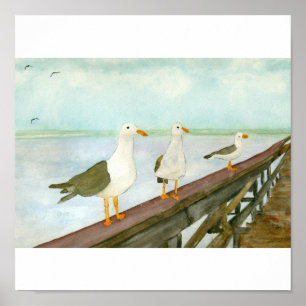 Póster Three Seagulls on Railing