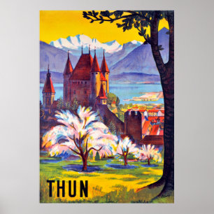 Póster Thun, castillo y lago, Suiza