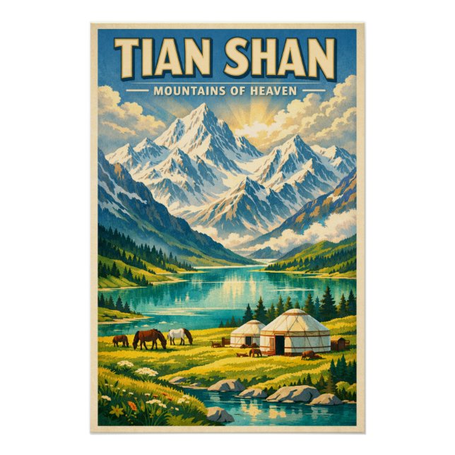 Póster Tian Shan Mountains, China, in a classic retro (Anverso)