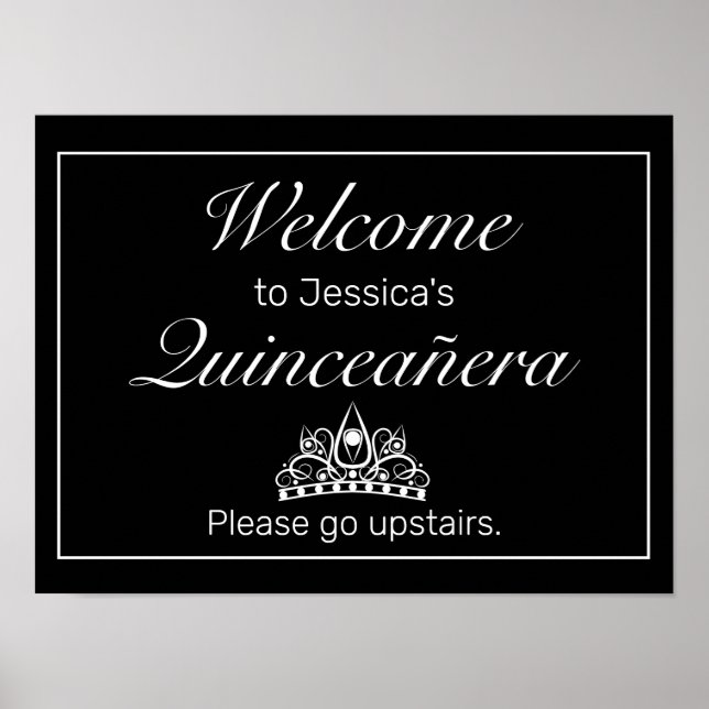 Póster Tiara Black Minimalist Quinceanera Welcome Sign (Frente)
