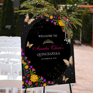 Póster Tiara de mariposa de oro negro floral Mis Quinceañ