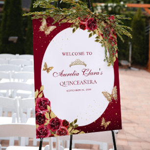 Póster Tiara de mariposa roja floral Quinceañera de oro