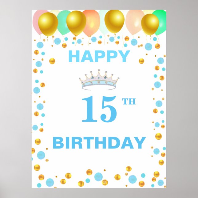 Póster Tiara, Globos y Confeti Dorado Cumpleaños 15 (Frente)