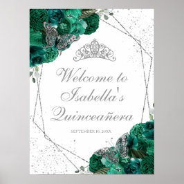Póster Tiara Quinceanera, verde esmeralda y plata