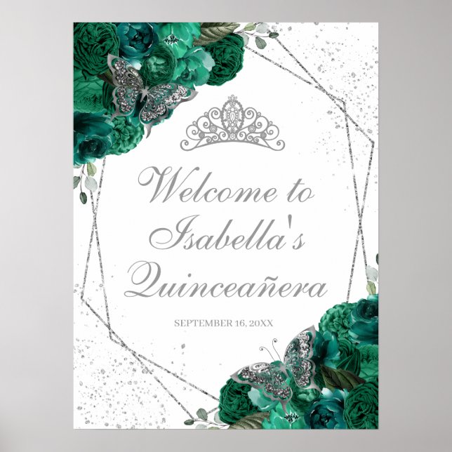 Póster Tiara Quinceanera, verde esmeralda y plata (Frente)