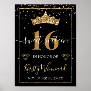 Póster Tiara y Confeti de Diamantes con Brillo Negro y Do